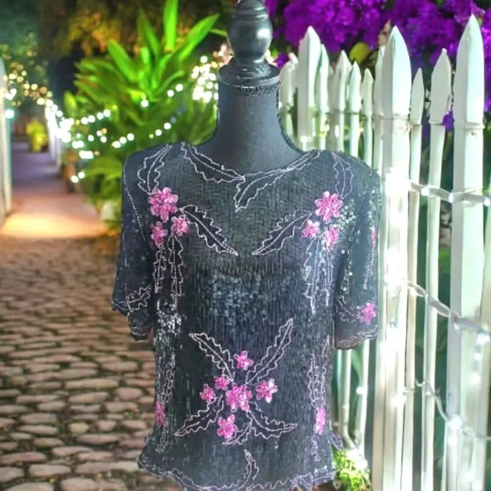Royal Feelings Chic Black Sequin 100% Silk Blouse